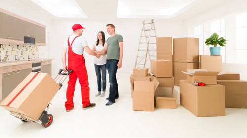 Packed commercial items ready for transport during a Bow relocation